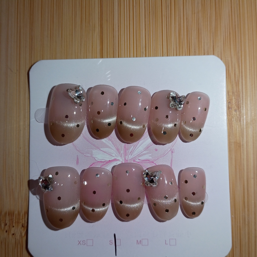 Pink and Silver Polka Dot Cat Eye Press-On Oval Nails